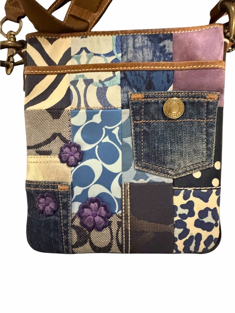 Coach Denim Patchwork Crossbody File Bag Floral Appli… - Gem